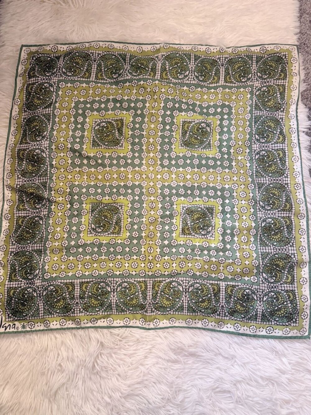Vintage Vera Small Square Scarf Green and White Flowers Paisley